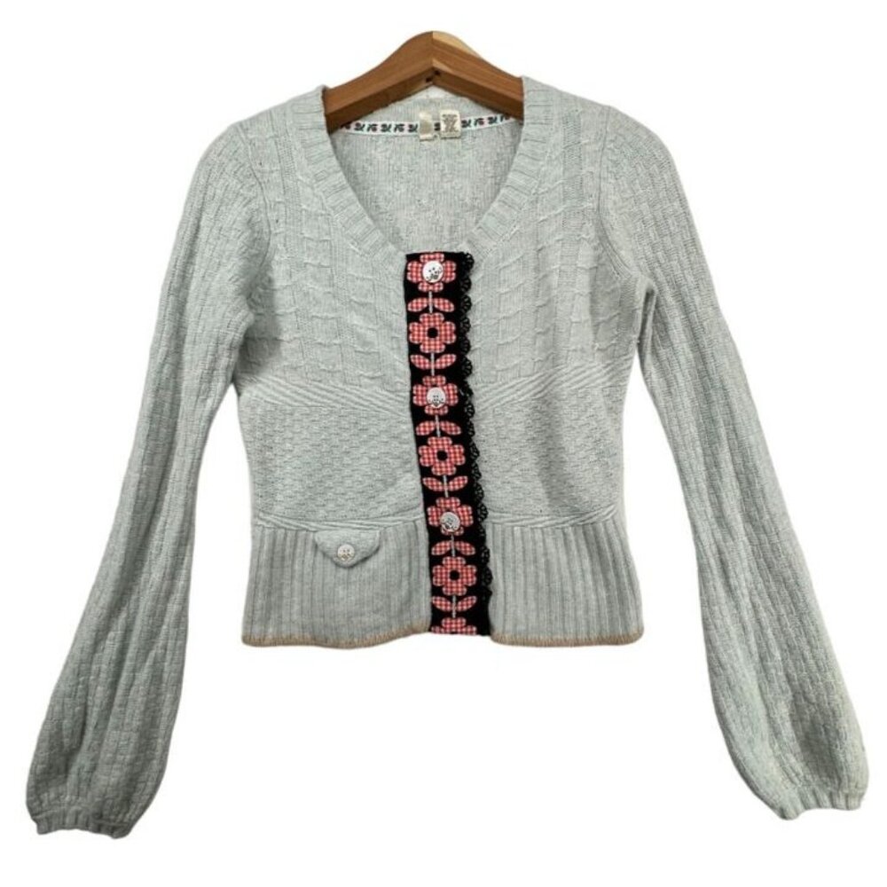 Moth Anthropologie Womens Sweater Sz S Eggshell Blue Floral-Ribbon-Trim Cropped